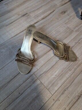 Elle Gold Beaded Open-Toe Slide Heels